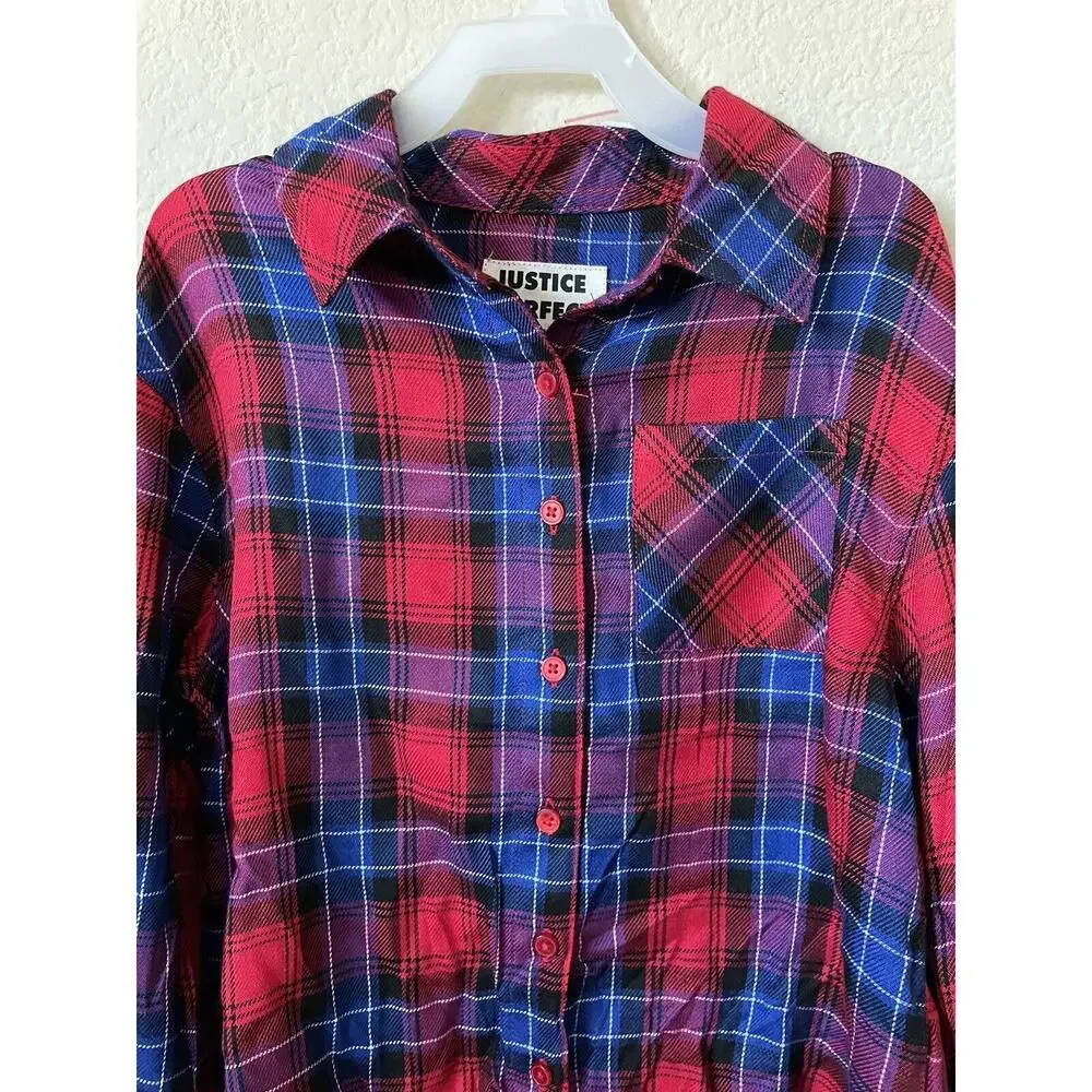 Justice Ladybug Red Perfect Plaid Button Up Collared Long Sleeve Shirt Size 8